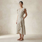 Beige Cotton Linen Ruffle Midi Wrap Dress