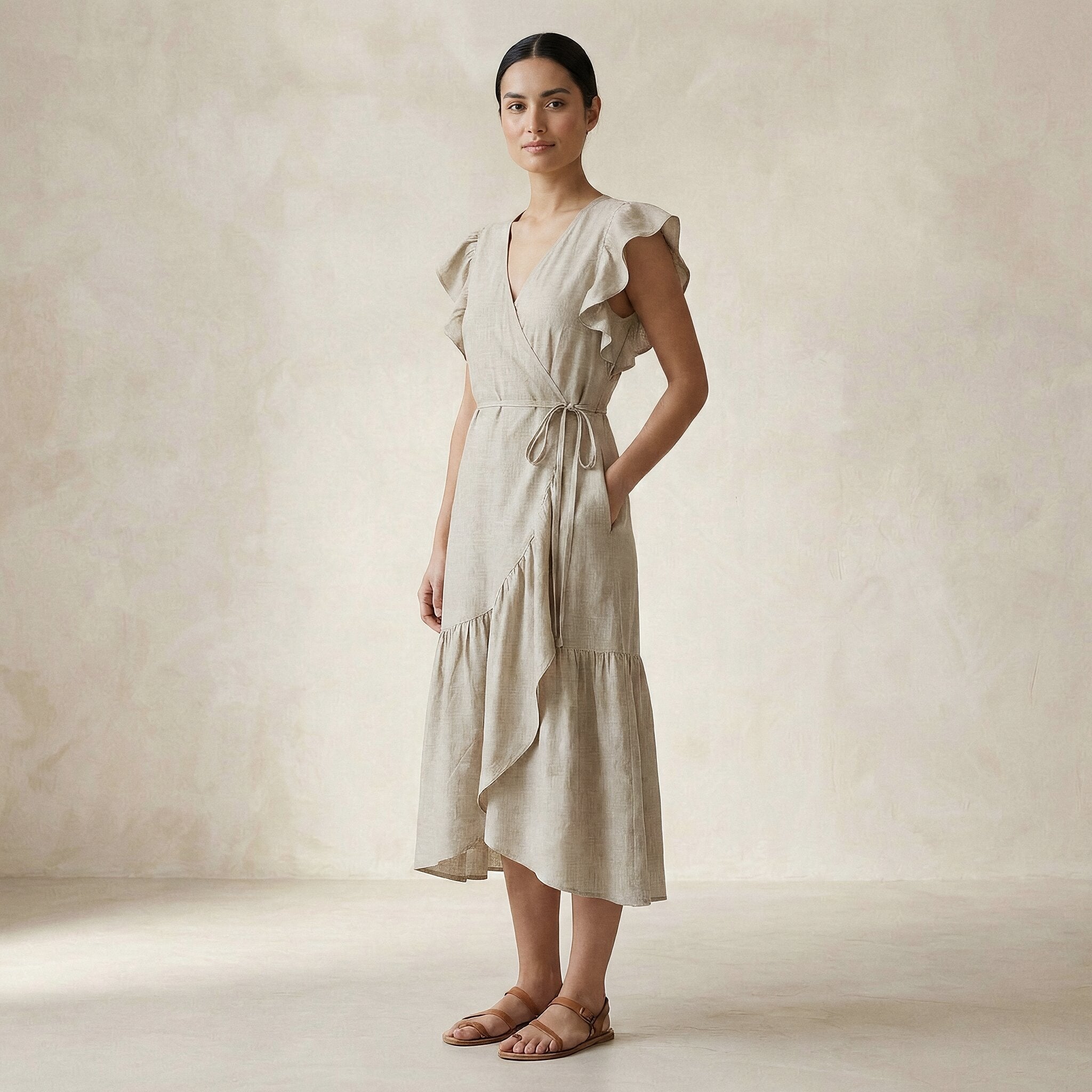 Beige Cotton Linen Ruffle Midi Wrap Dress