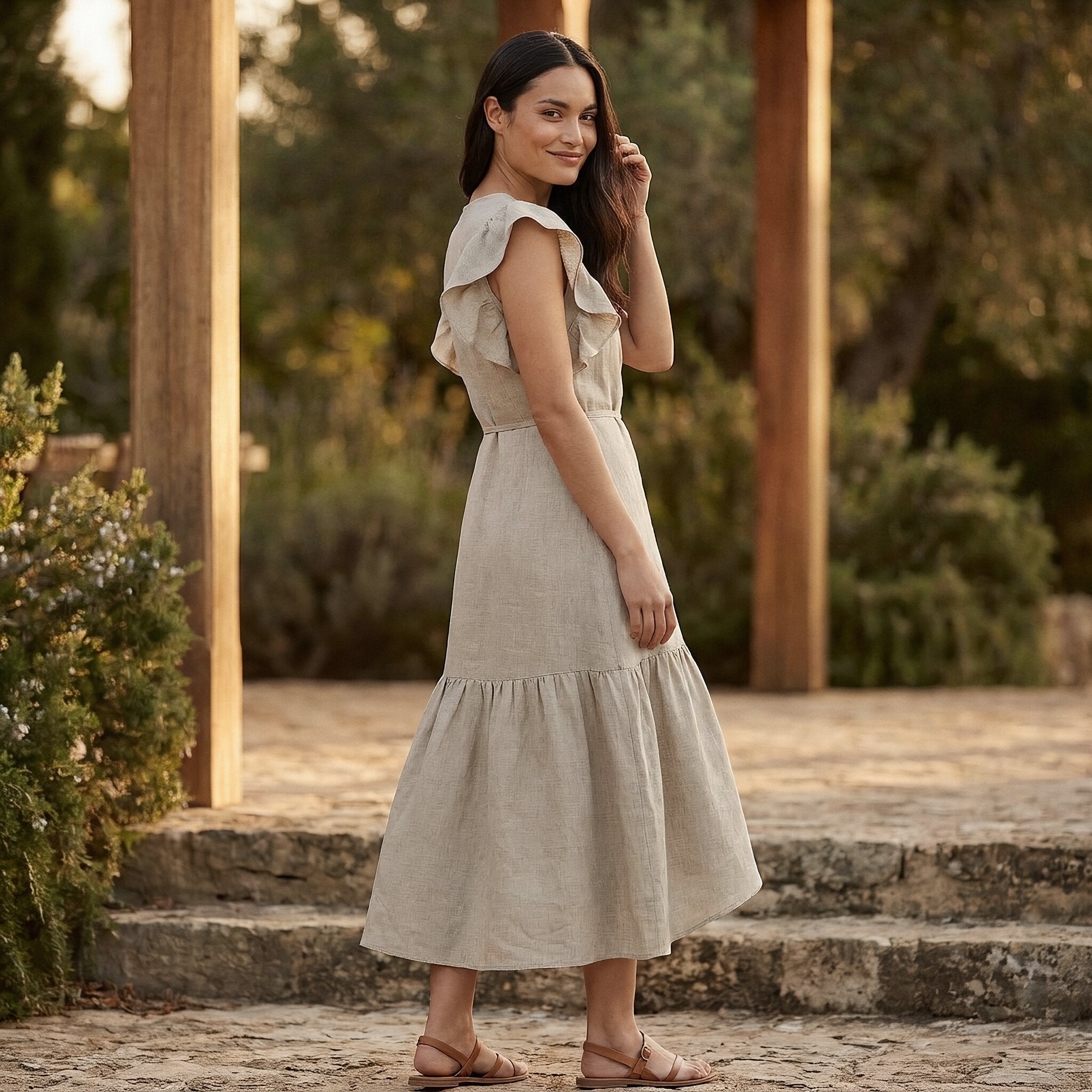 Beige Cotton Linen Ruffle Midi Wrap Dress