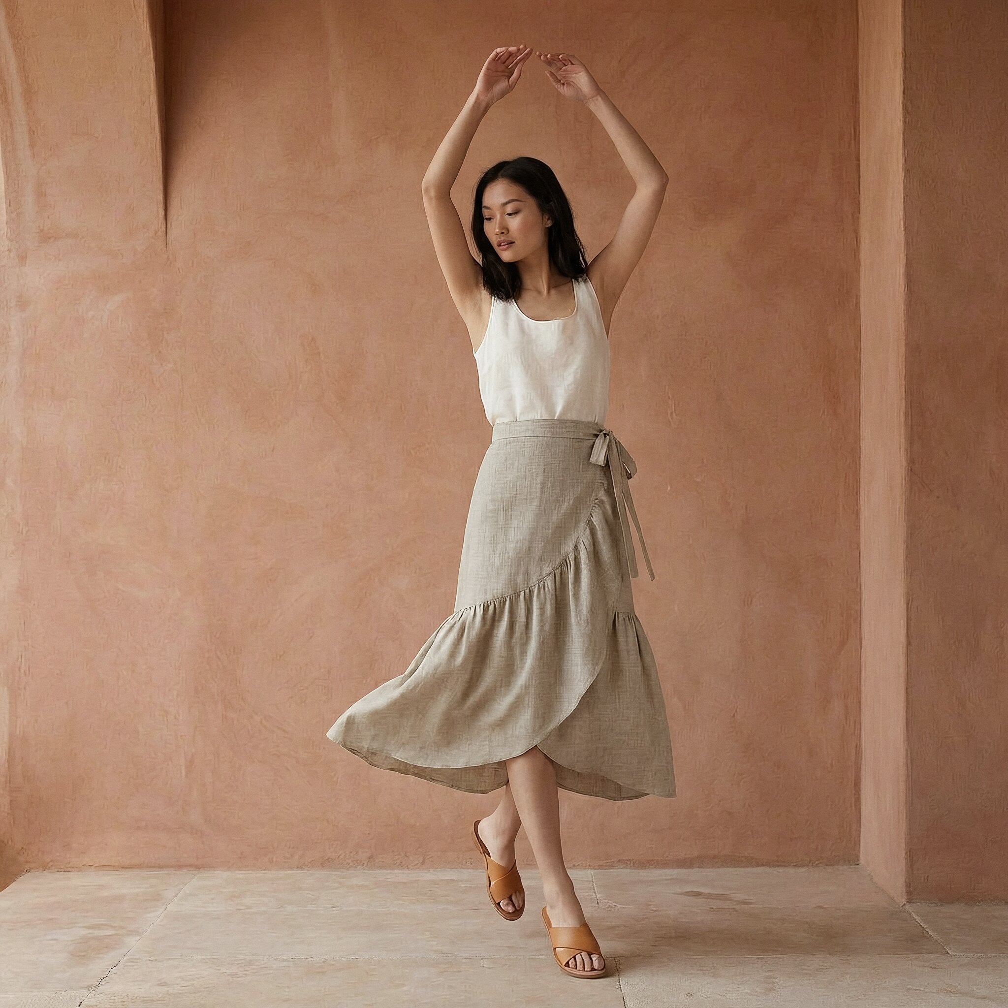Beige Cotton Linen Ruffle Midi Wrap Skirt
