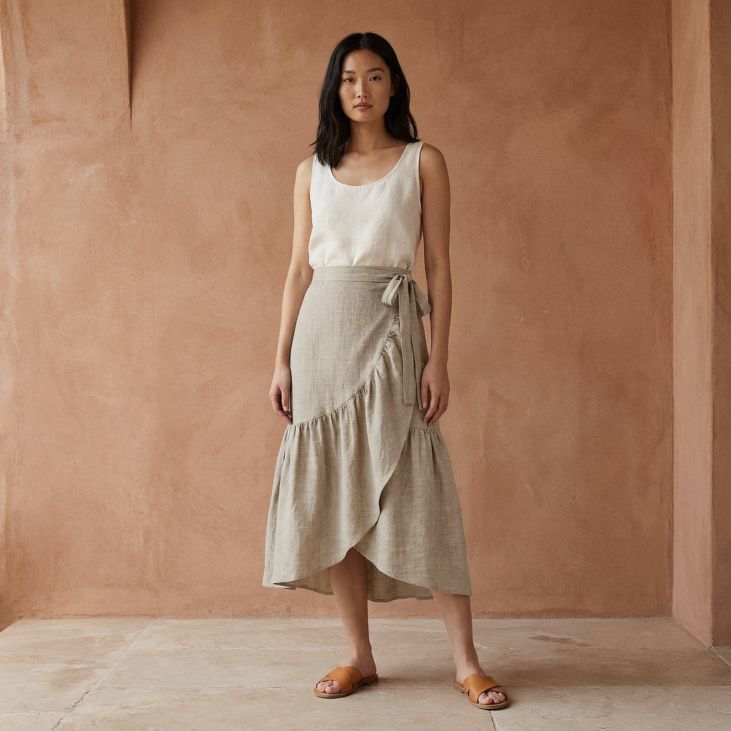 Beige Cotton Linen Ruffle Midi Wrap Skirt