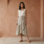 Beige Cotton Linen Ruffle Midi Wrap Skirt