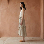 Beige Cotton Linen Ruffle Midi Wrap Skirt