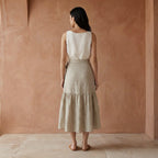 Beige Cotton Linen Ruffle Midi Wrap Skirt