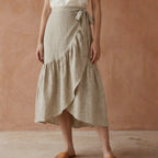 Beige Cotton Linen Ruffle Midi Wrap Skirt