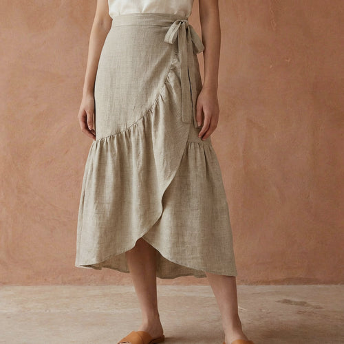 Beige Cotton Linen Ruffle Midi Wrap Skirt