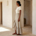 Beige Cotton Linen Ruffle-Slit A-Line Maxi Skirt