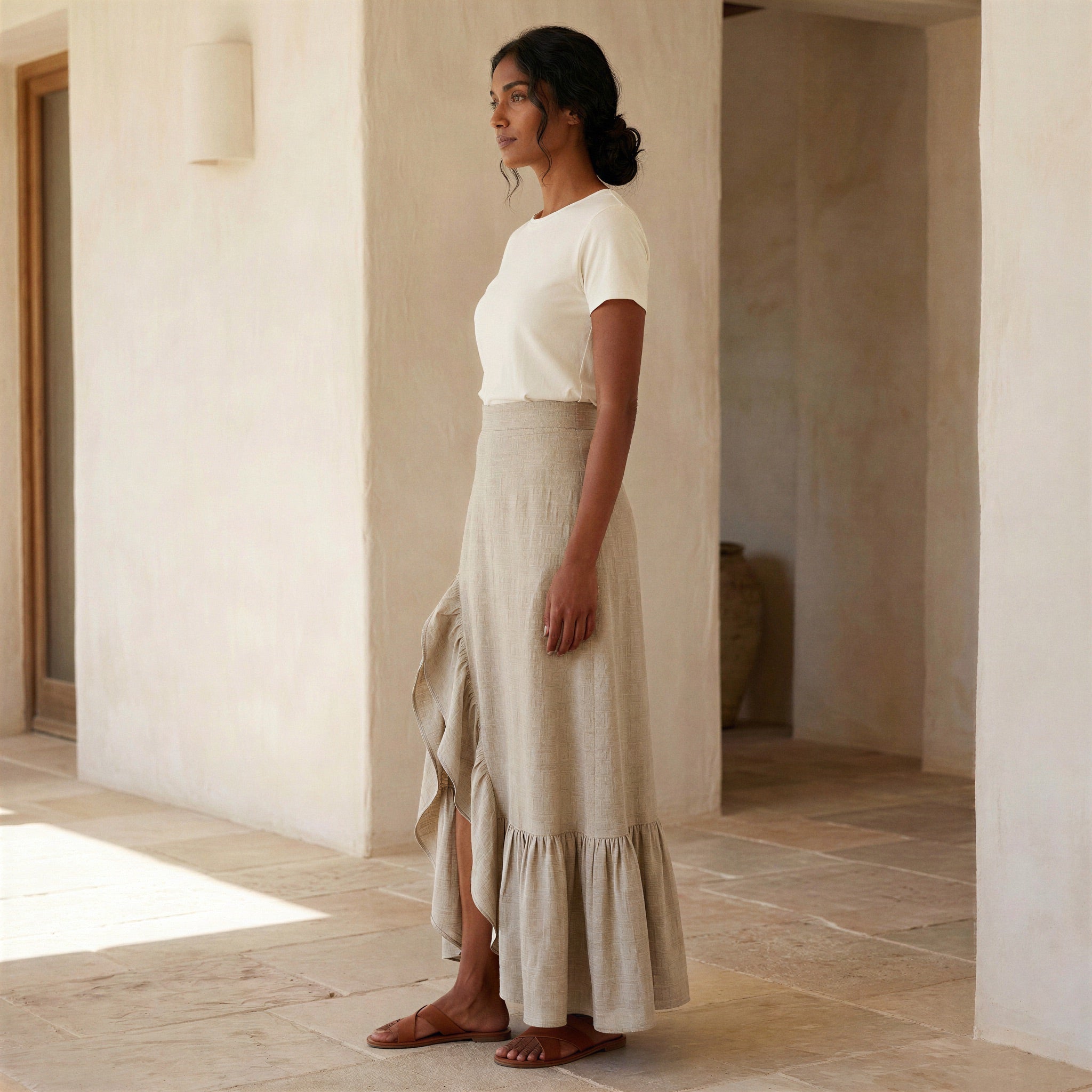 Beige Cotton Linen Ruffle-Slit A-Line Maxi Skirt