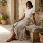 Beige Cotton Linen Ruffle-Slit A-Line Maxi Skirt