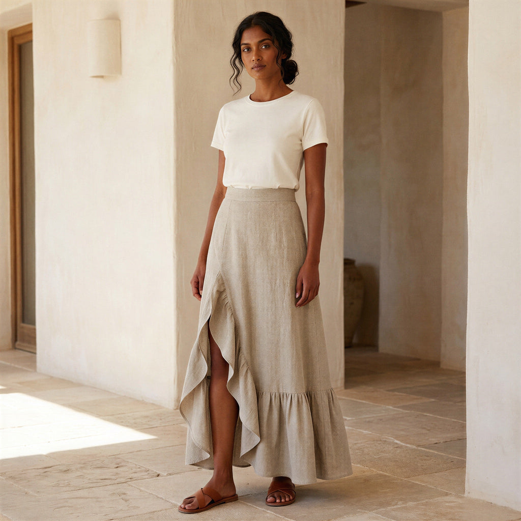 Beige Cotton Linen Ruffle-Slit A-Line Maxi Skirt