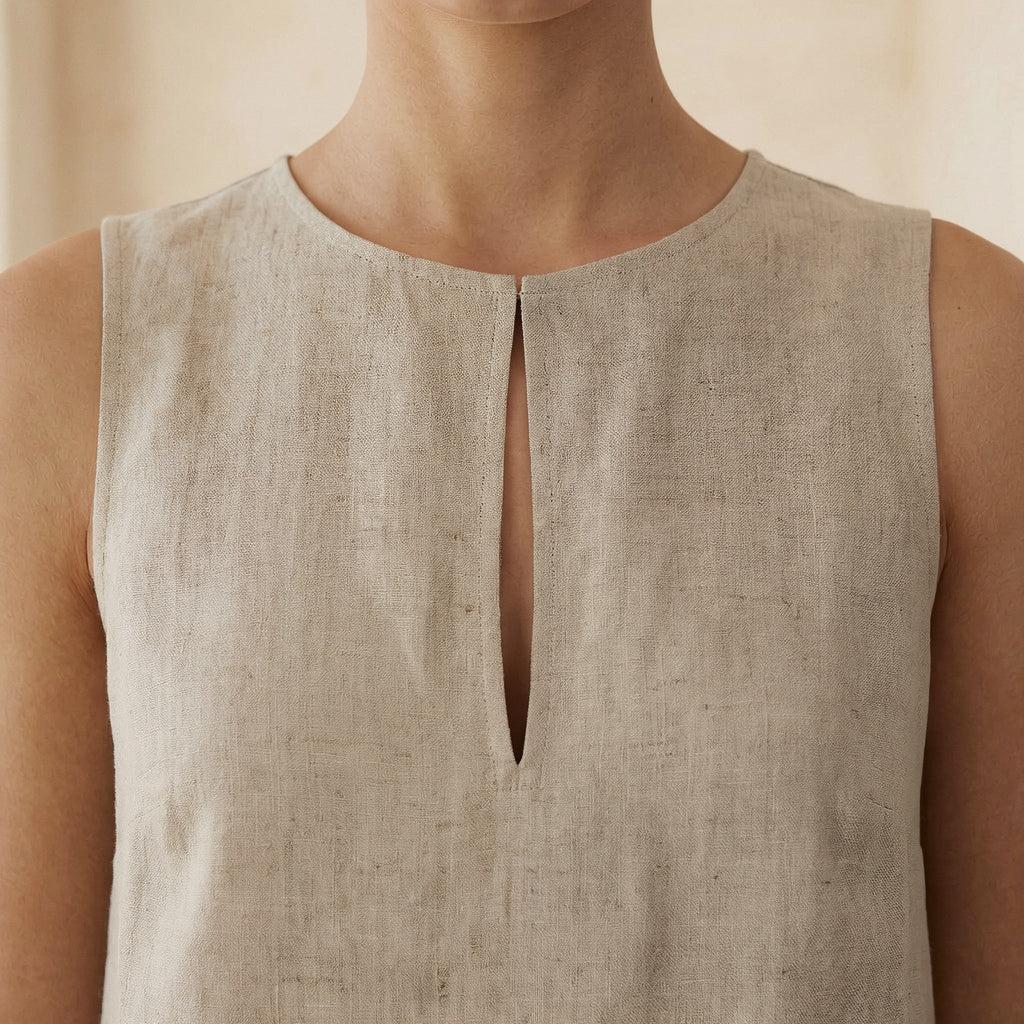 Beige Cotton Linen Sleeveless A-Line Short Shift Dress