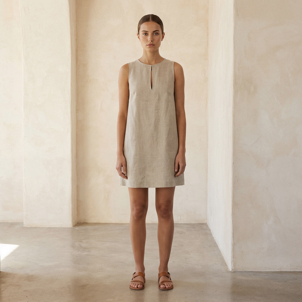 Beige Cotton Linen Sleeveless A-Line Short Shift Dress