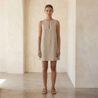 Beige Cotton Linen Sleeveless A-Line Short Shift Dress