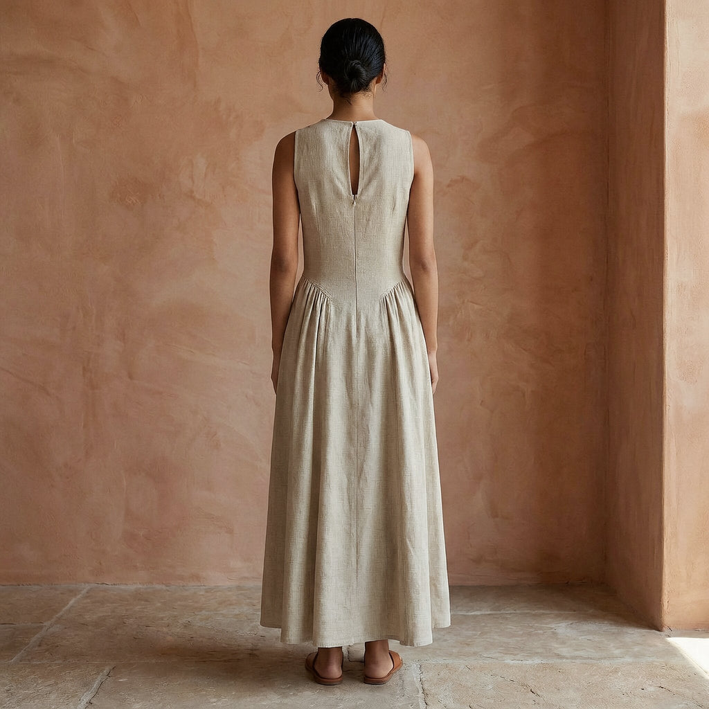 Beige Cotton Linen Sleeveless Paneled Maxi Dress