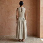 Beige Cotton Linen Sleeveless Paneled Maxi Dress