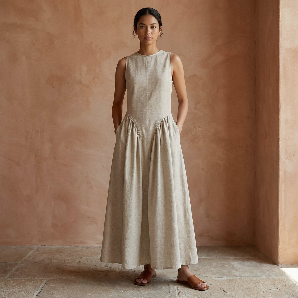 Beige Cotton Linen Sleeveless Paneled Maxi Dress