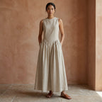 Beige Cotton Linen Sleeveless Paneled Maxi Dress