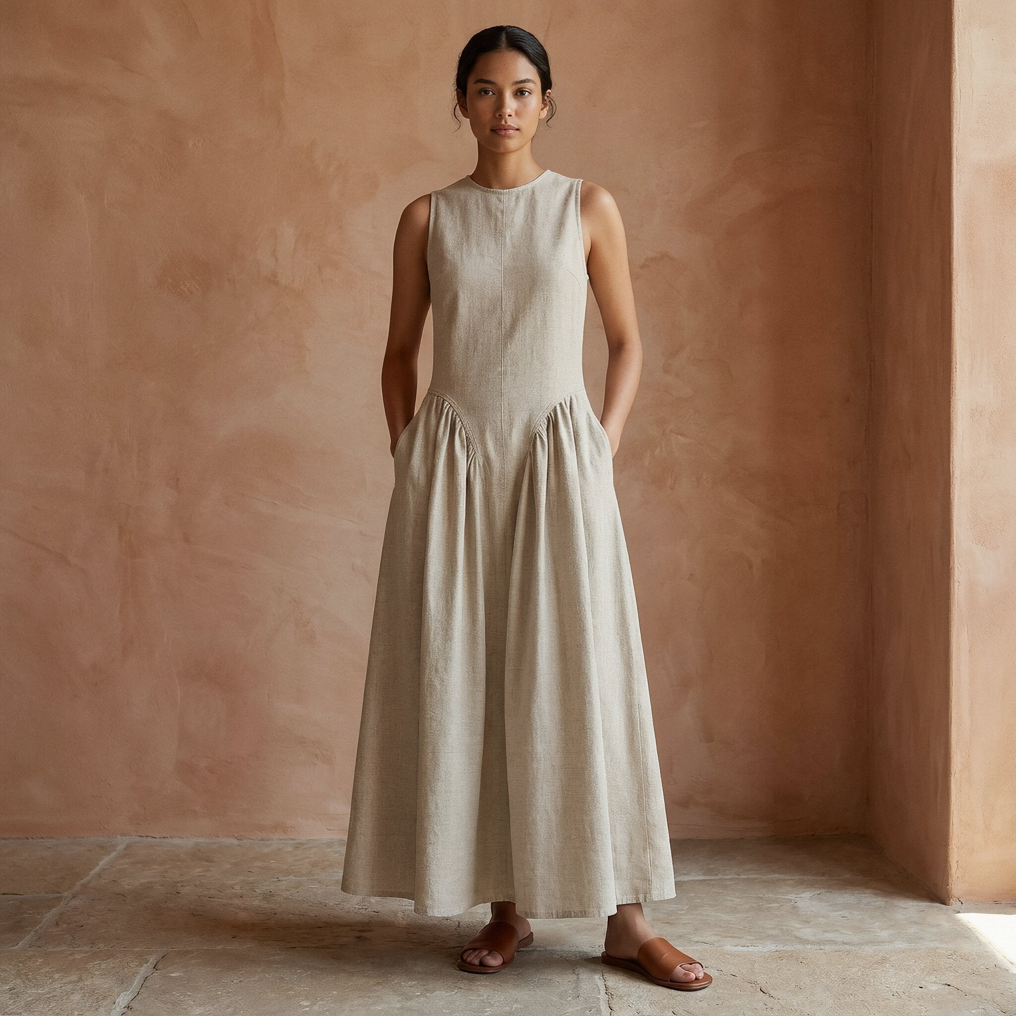 Beige Cotton Linen Sleeveless Paneled Maxi Dress