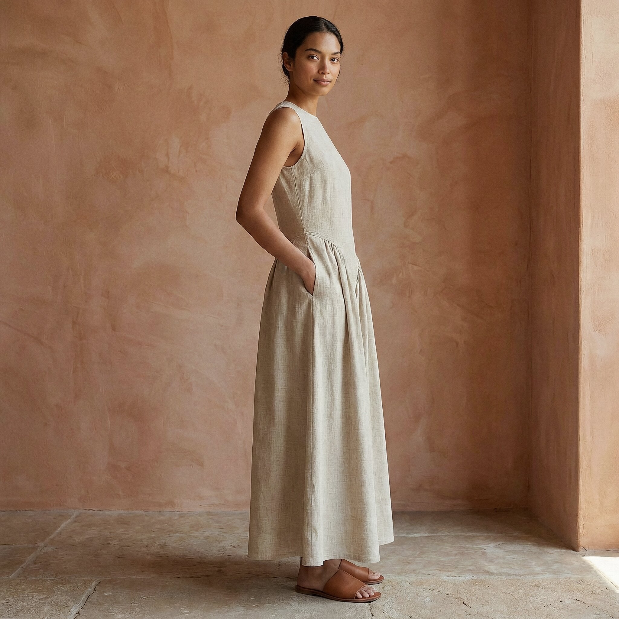 Beige Cotton Linen Sleeveless Paneled Maxi Dress