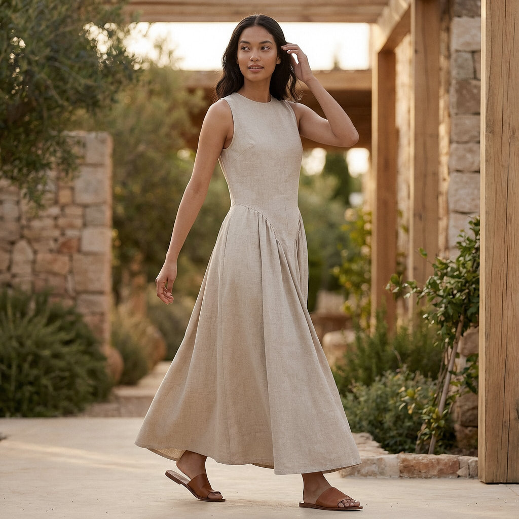 Beige Cotton Linen Sleeveless Paneled Maxi Dress