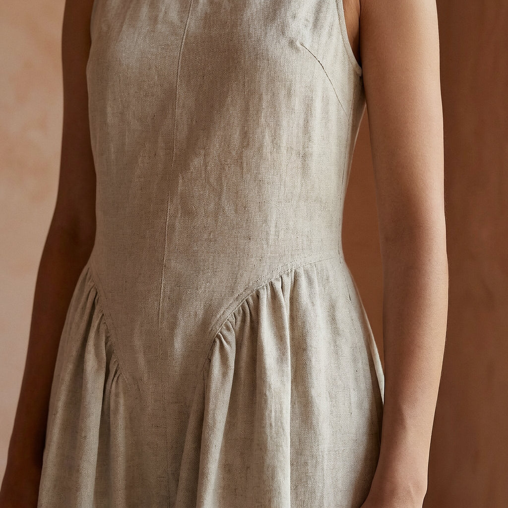 Beige Cotton Linen Sleeveless Paneled Maxi Dress