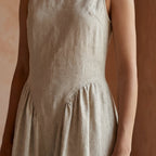 Beige Cotton Linen Sleeveless Paneled Maxi Dress