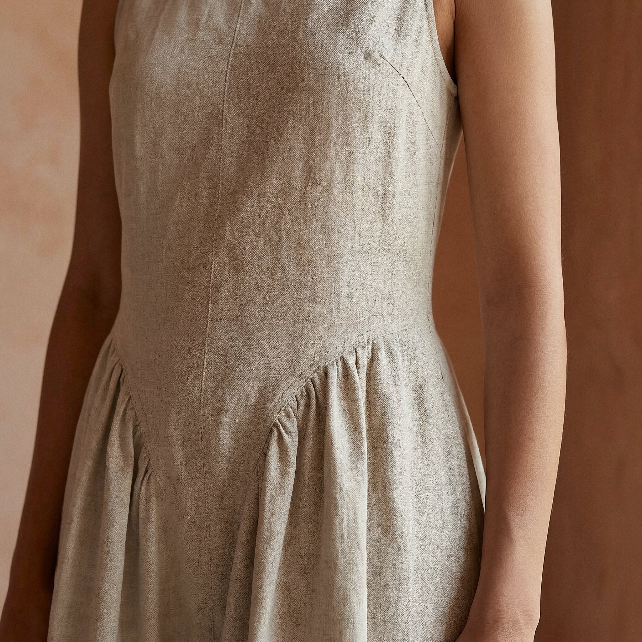 Beige Cotton Linen Sleeveless Paneled Maxi Dress