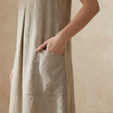 Beige Cotton Linen Sleeveless Paneled Swing Dress