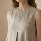 Beige Cotton Linen Sleeveless Paneled Swing Dress