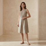 Beige Cotton Linen Sleeveless Paneled Swing Dress