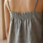 Beige Cotton-Linen Spaghetti Strap Top with Elastic Gathered Back