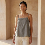 Beige Cotton-Linen Spaghetti Strap Top with Elastic Gathered Back