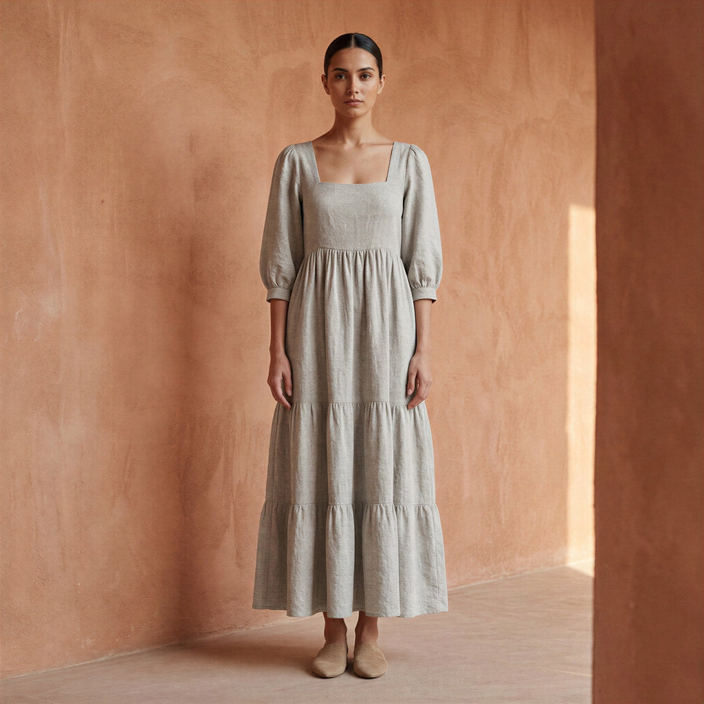 Beige Cotton Linen Square Neck Tiered Midi Dress