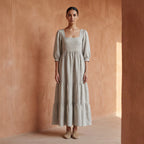 Beige Cotton Linen Square Neck Tiered Midi Dress
