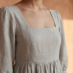 Beige Cotton Linen Square Neck Tiered Midi Dress