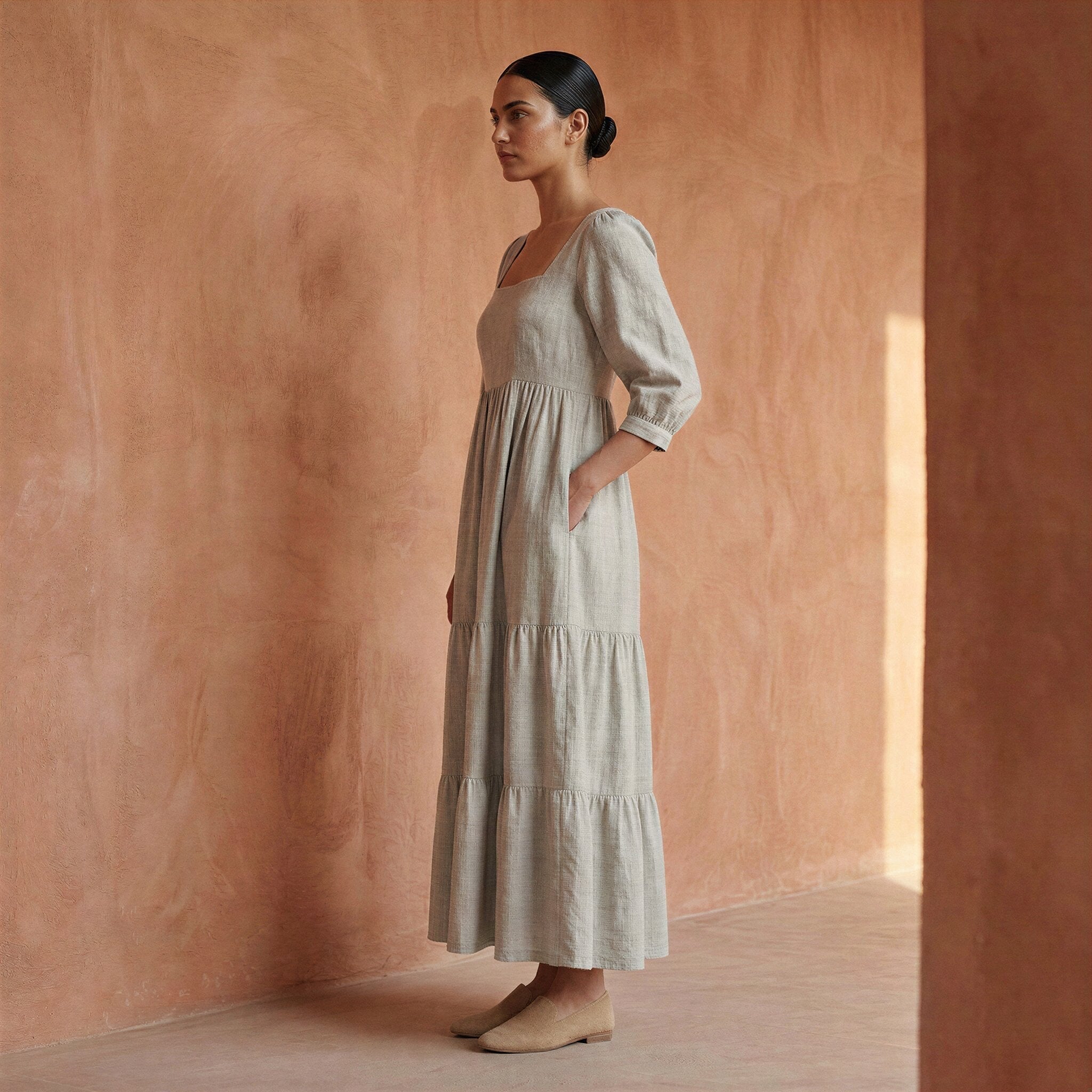 Beige Cotton Linen Square Neck Tiered Midi Dress