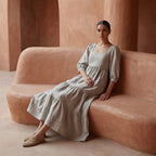 Beige Cotton Linen Square Neck Tiered Midi Dress