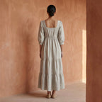Beige Cotton Linen Square Neck Tiered Midi Dress