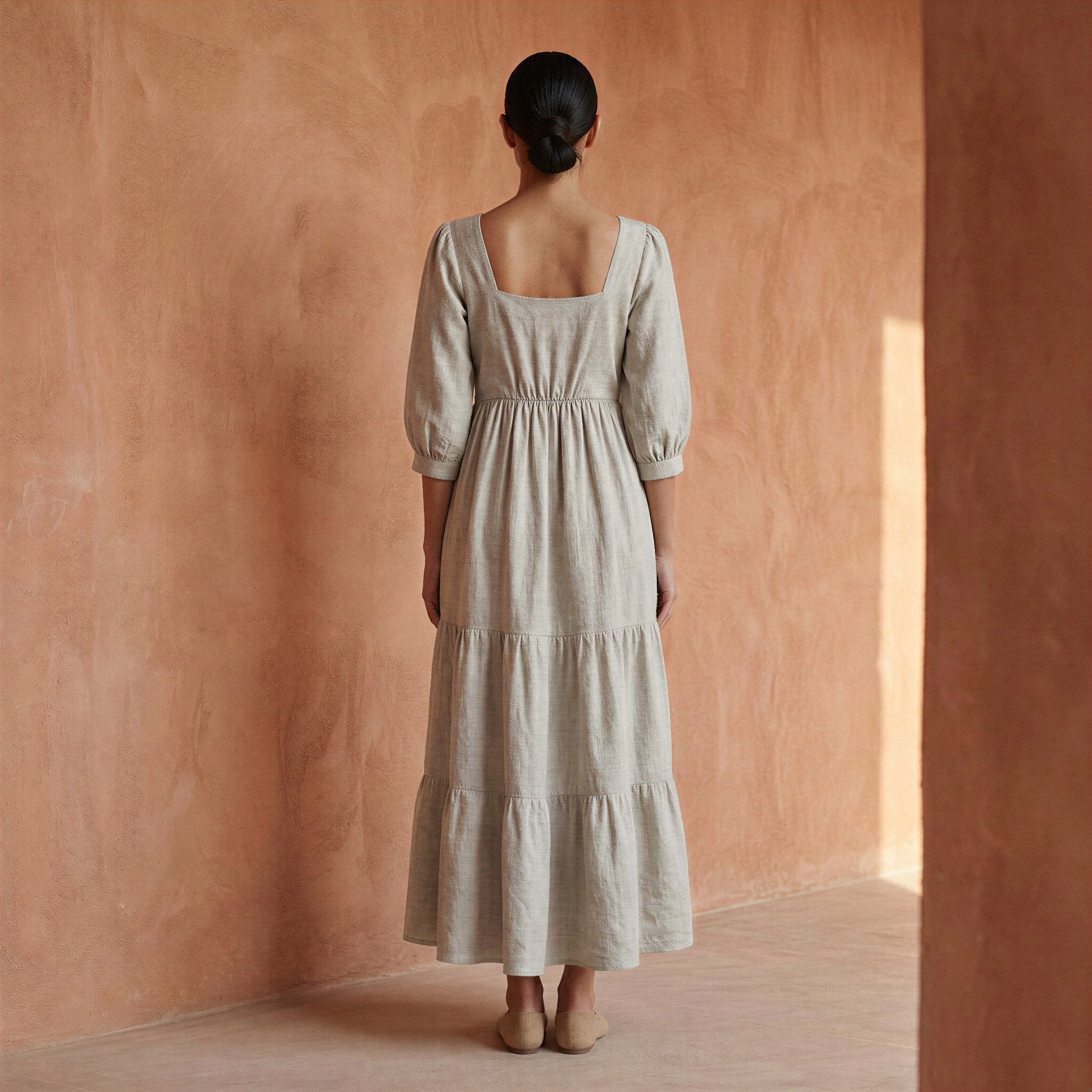 Beige Cotton Linen Square Neck Tiered Midi Dress