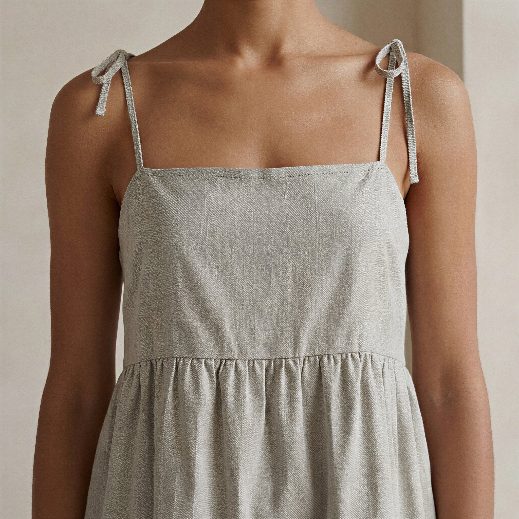 Beige Cotton Linen Tie-Strap Tiered Short Sundress
