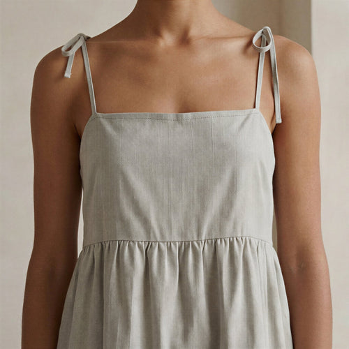 Beige Cotton Linen Tie-Strap Tiered Short Sundress