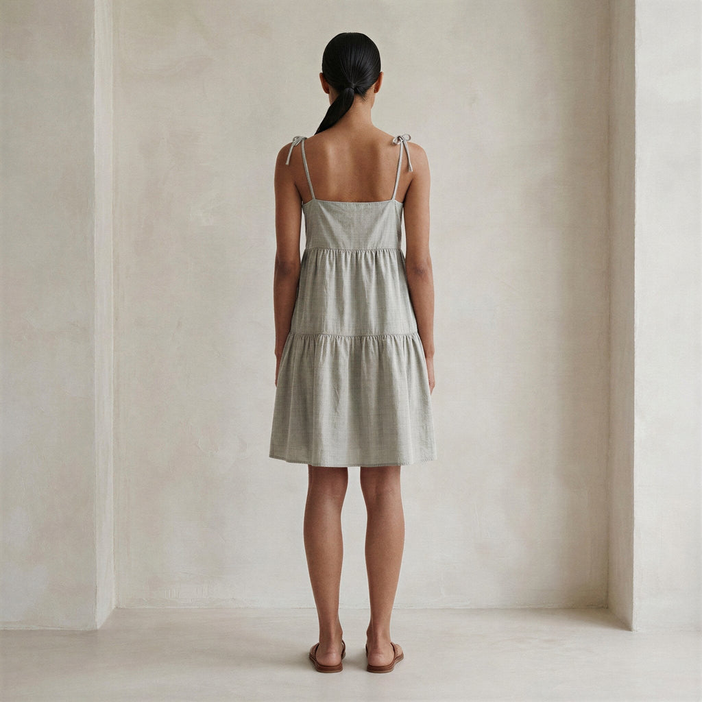 Beige Cotton Linen Tie-Strap Tiered Short Sundress