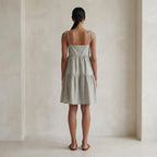 Beige Cotton Linen Tie-Strap Tiered Short Sundress