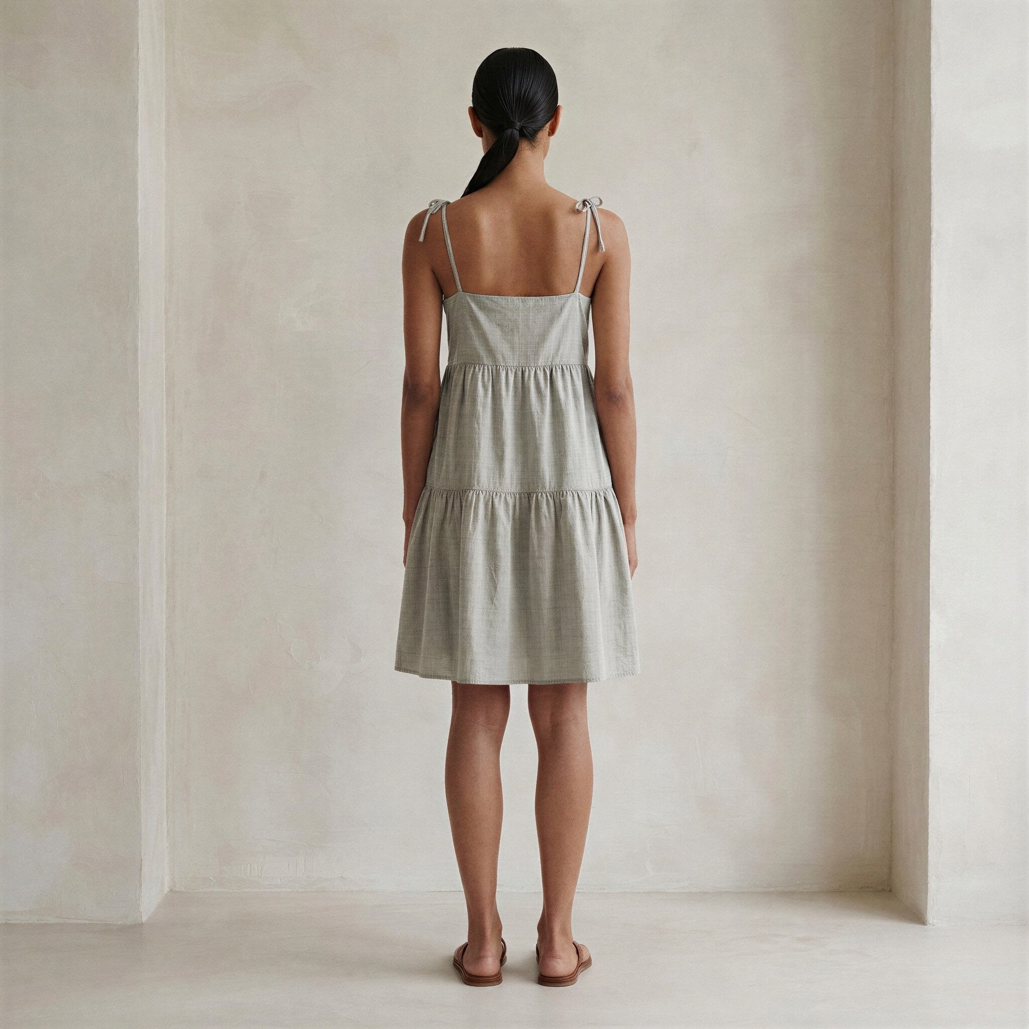 Beige Cotton Linen Tie-Strap Tiered Short Sundress