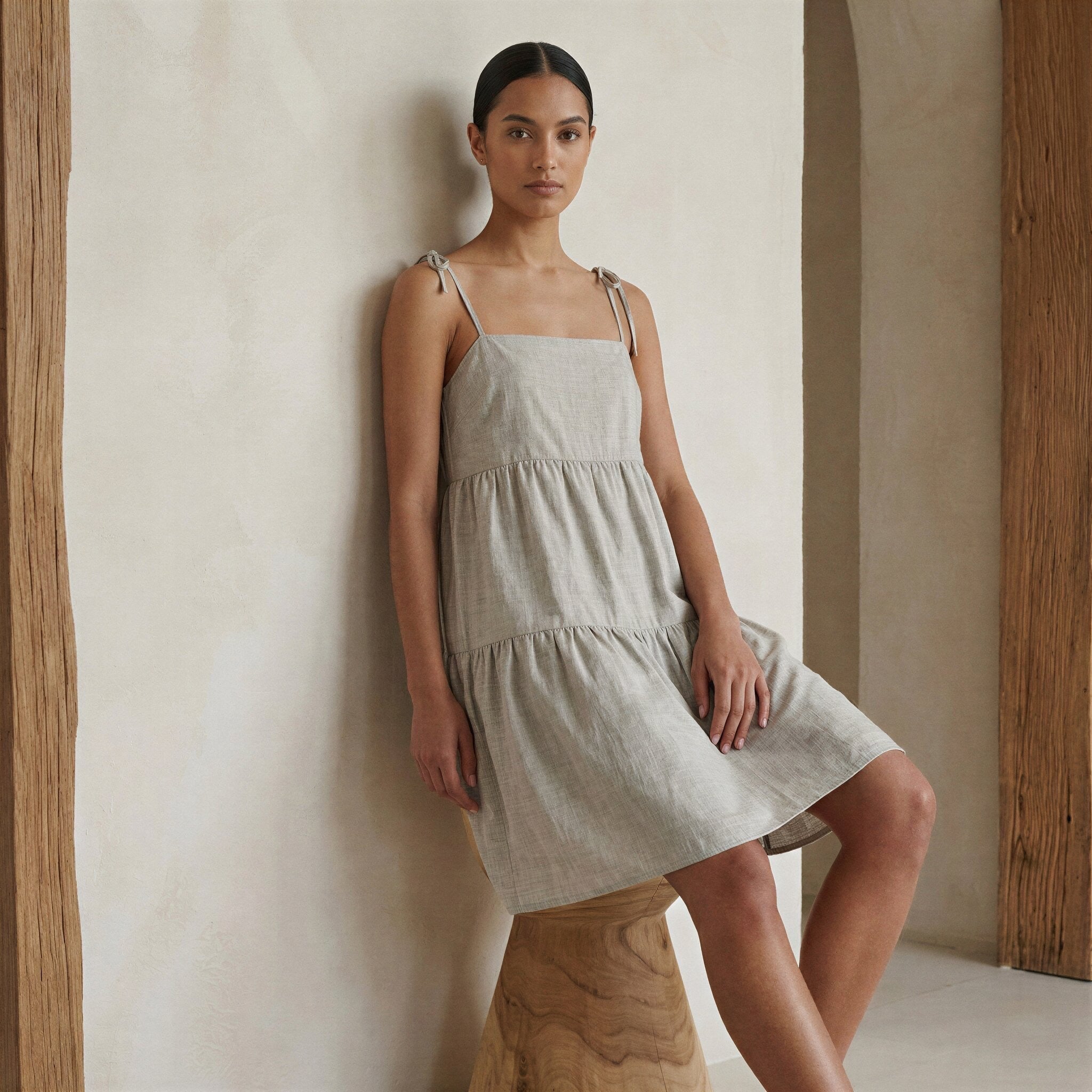 Beige Cotton Linen Tie-Strap Tiered Short Sundress