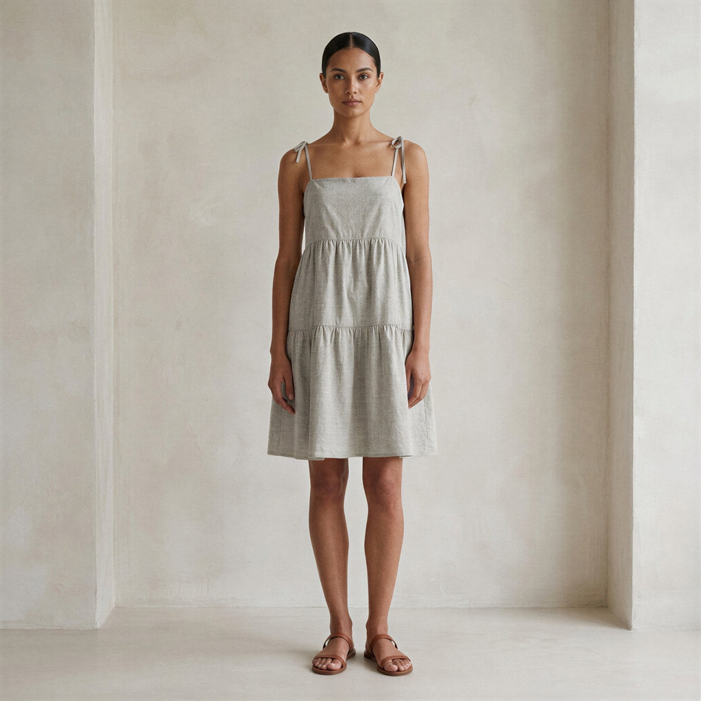 Beige Cotton Linen Tie-Strap Tiered Short Sundress