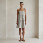 Beige Cotton Linen Tie-Strap Tiered Short Sundress