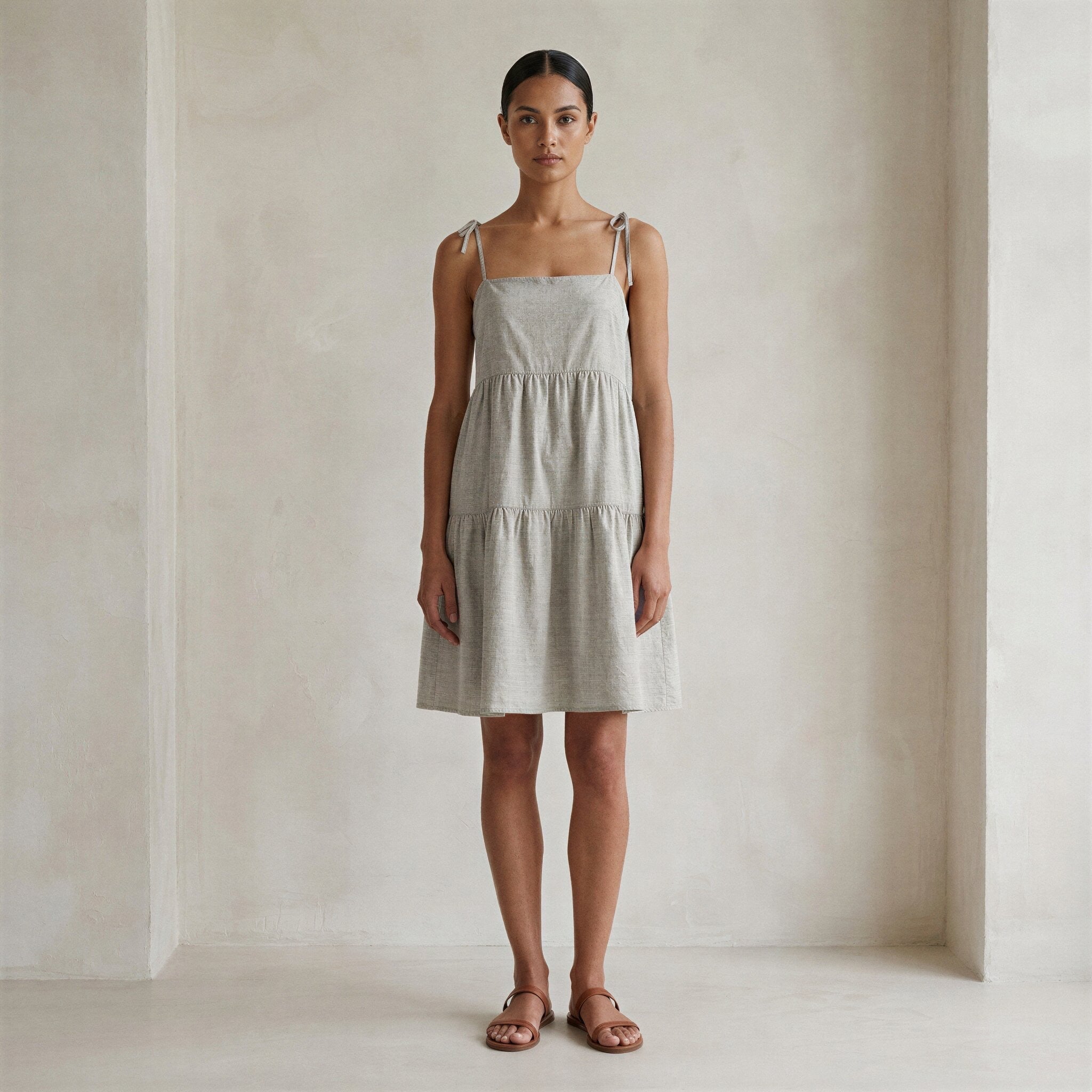 Beige Cotton Linen Tie-Strap Tiered Short Sundress