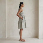 Beige Cotton Linen Tie-Strap Tiered Short Sundress