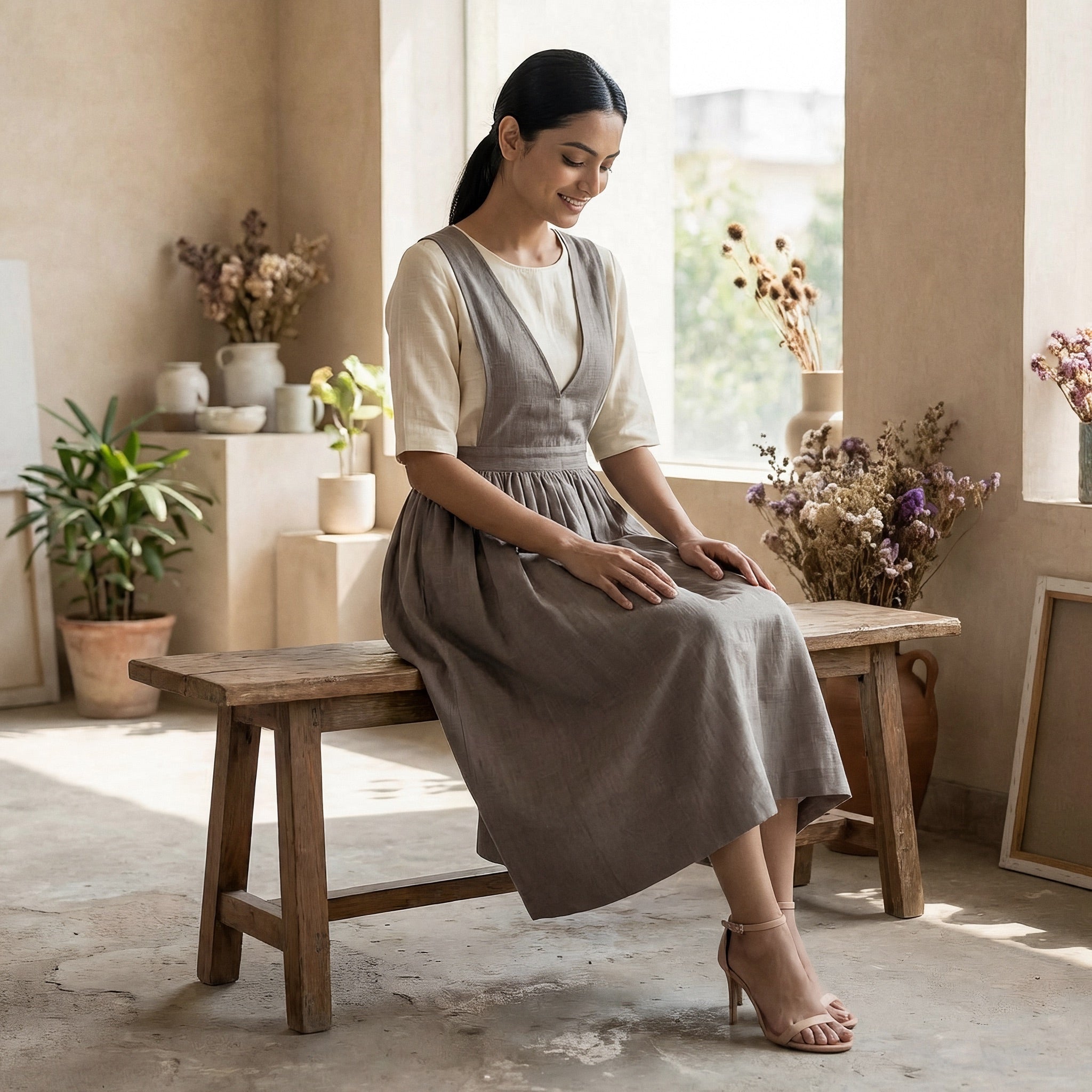 Beige Cotton-Linen V-Neck Pinafore Midi Wrap Dress